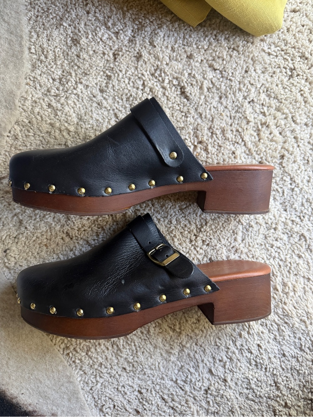 Black Leather Studded Clog Mules with Buckle Strap - Women's